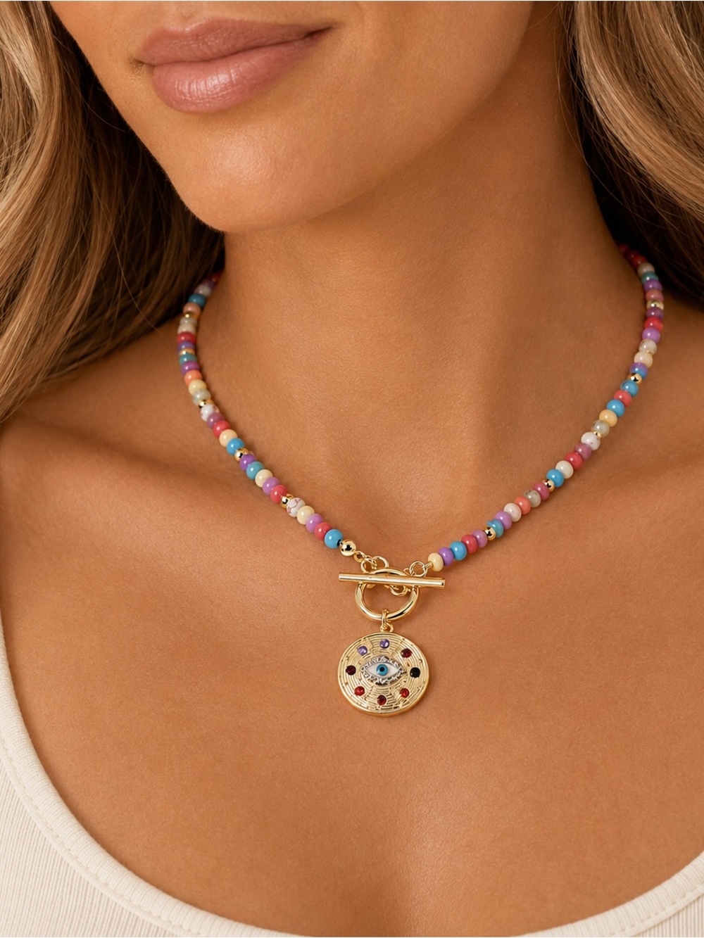 Multicolor Beaded Evil Eye Pendant Necklace Gold